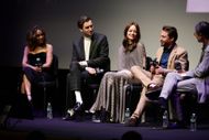 Jennifer Grey, Dave McCary, Emma Stone, and Kieran Culkin speak at the screening of "A Real Pain" at Alice Tully Hall, Lincoln Center. (Image via Getty)